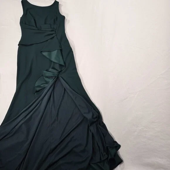 BETSY ADAM "Christine" PINE Scuba Crepe Ruffle Bow Slit Formal Gown Dress Size 8 - Picture 8 of 17